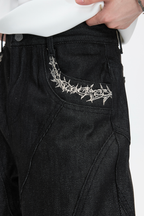 Pleated Embroidered Straight Jeans