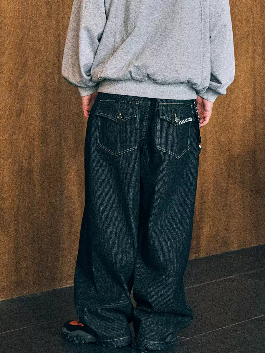 Textured Embroidery Wide Leg Jeans — Dark Blue, rear model view