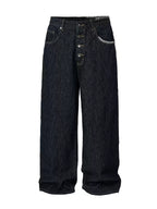 Textured Embroidery Wide Leg Jeans — Dark Blue, product view on white background
