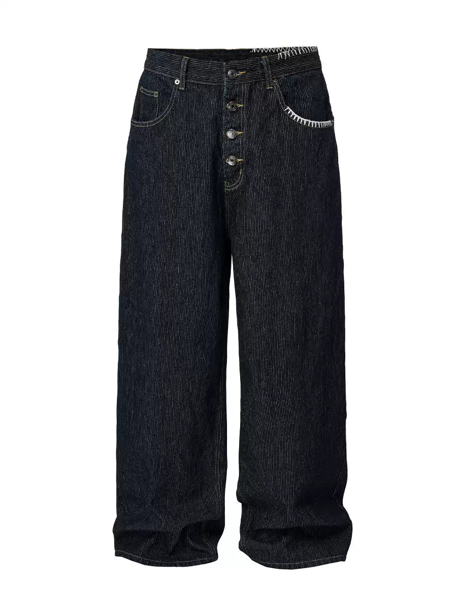 Textured Embroidery Wide Leg Jeans — Dark Blue, product view on white background