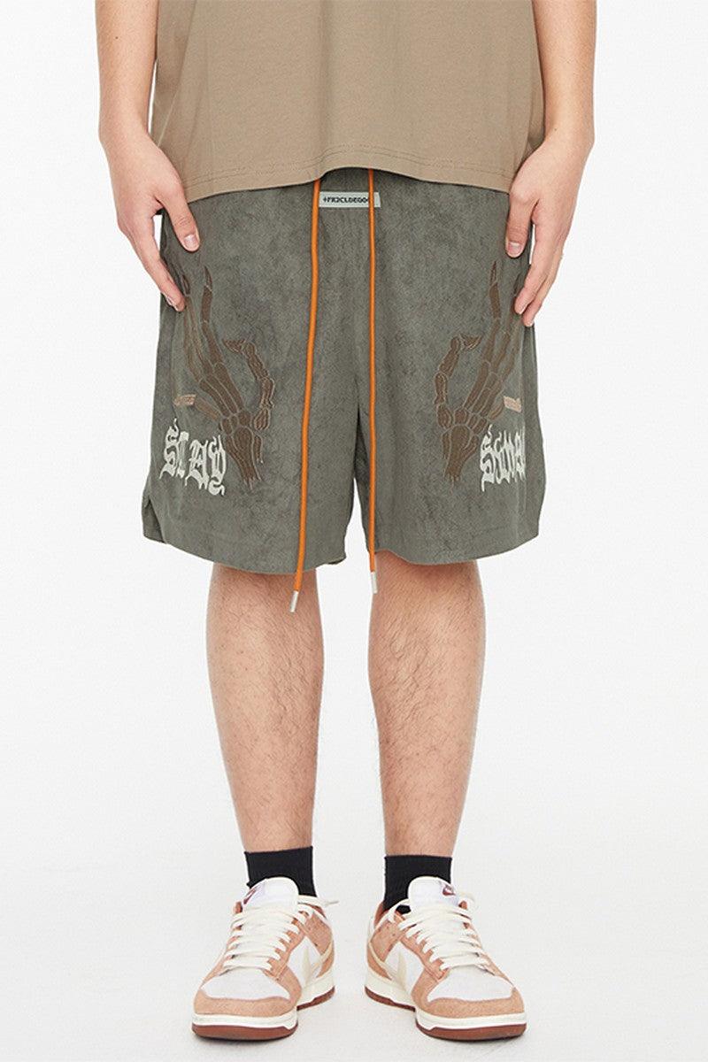 F2CE Skeleton Hands Embroidered Suede Shorts