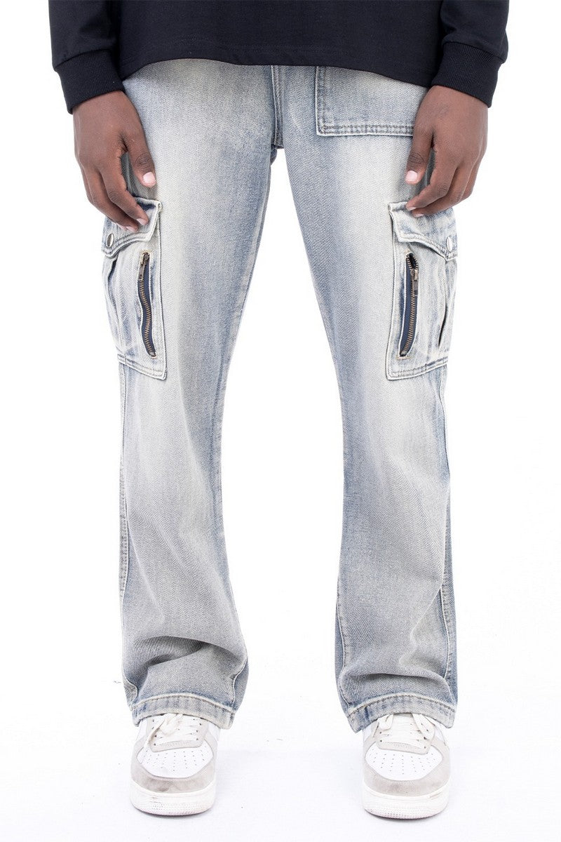 Washed Pockets Flared Jeans