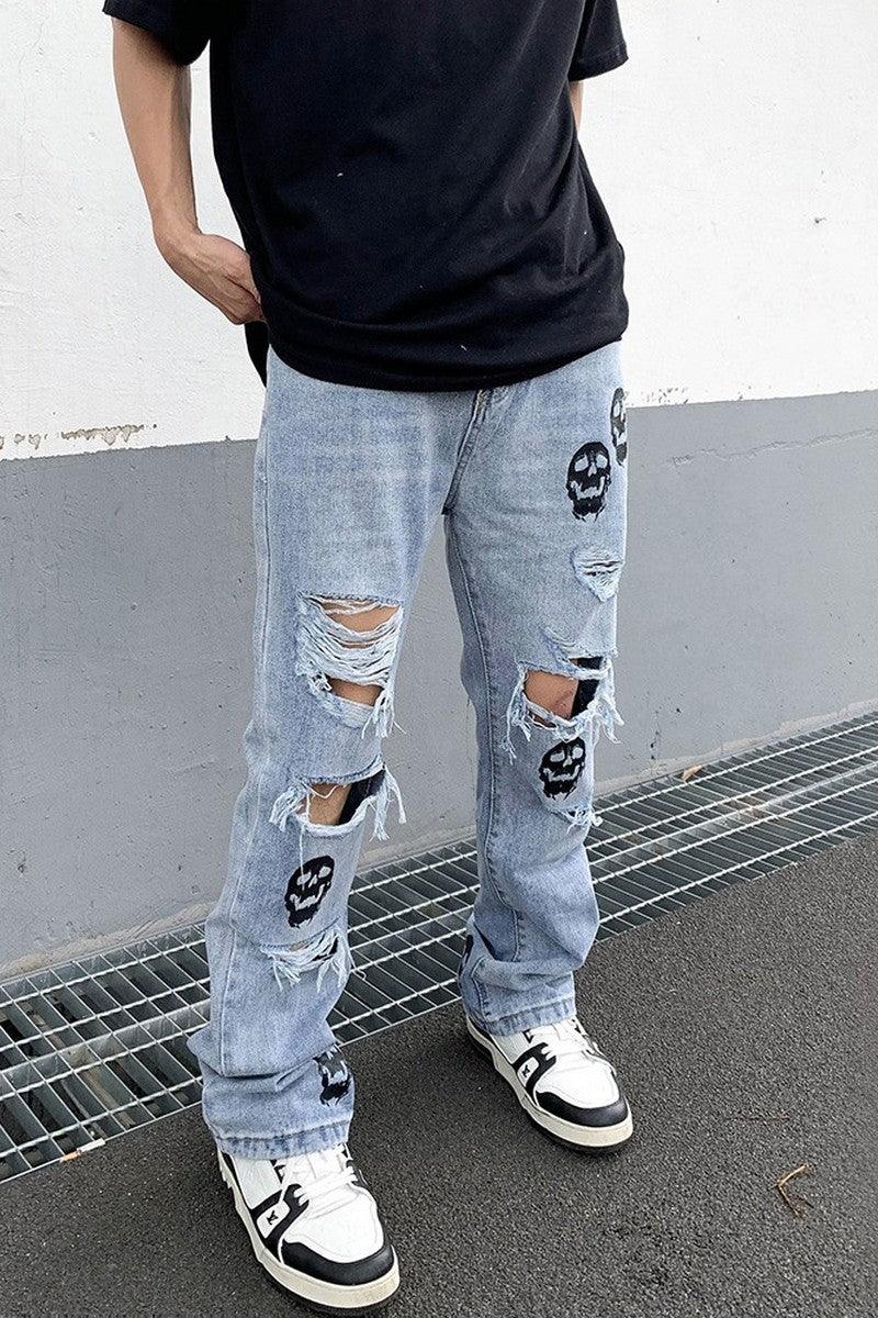 CZ Skulls Washed Flared Jeans - UK Only