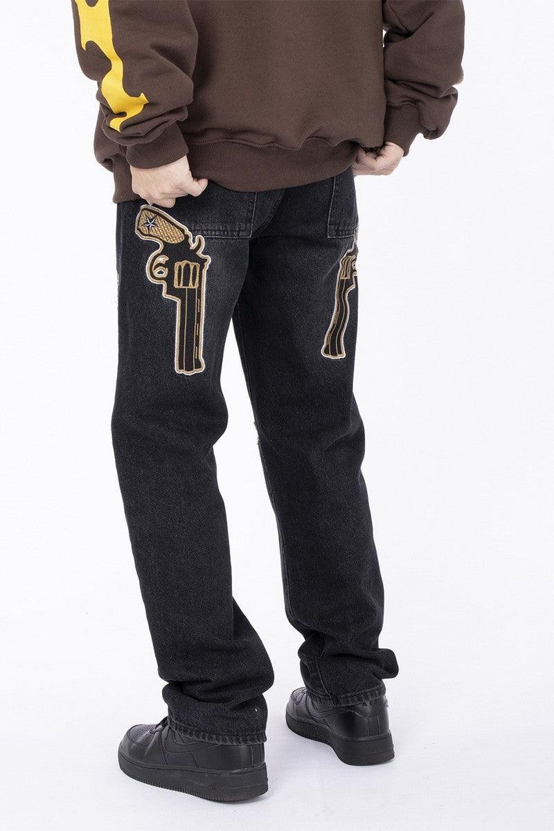 Guns Embroidered Washed Jeans