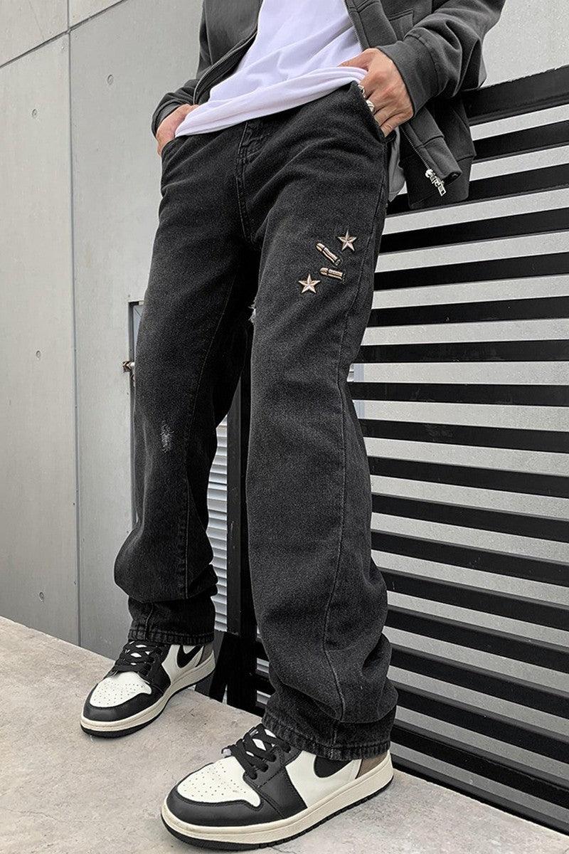 Guns Embroidered Washed Jeans