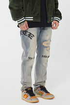 F2CE Distressed Embroidered Straight Jeans