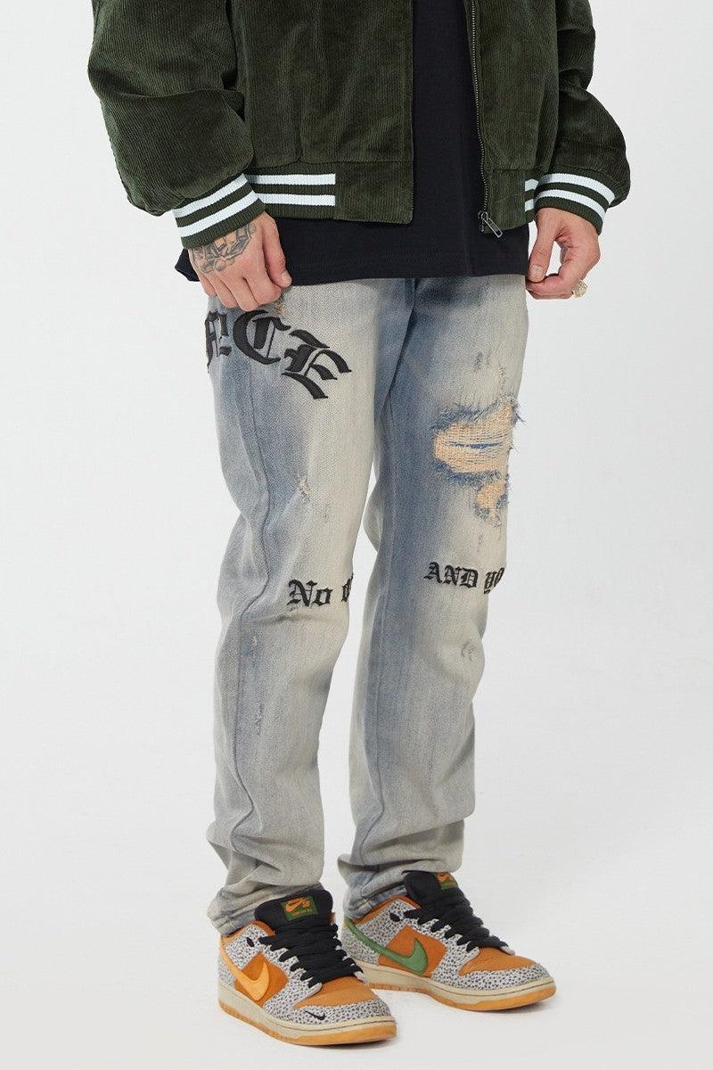 F2CE Distressed Embroidered Straight Jeans