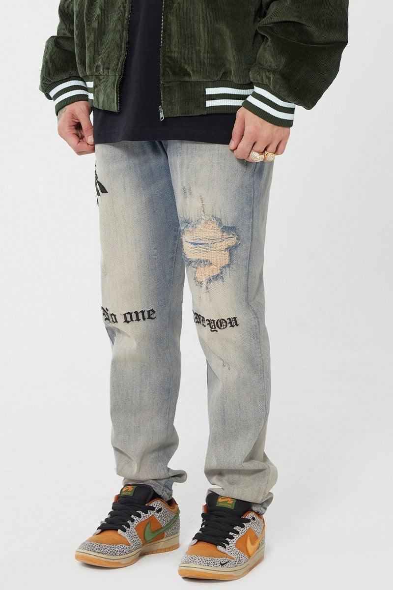 F2CE Distressed Embroidered Straight Jeans