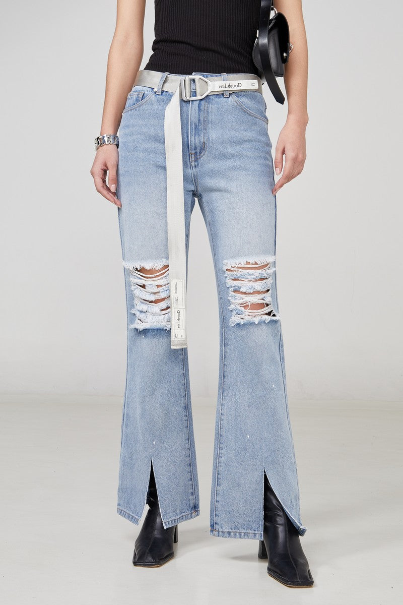STEEPC Cut Distressed Flared Jeans