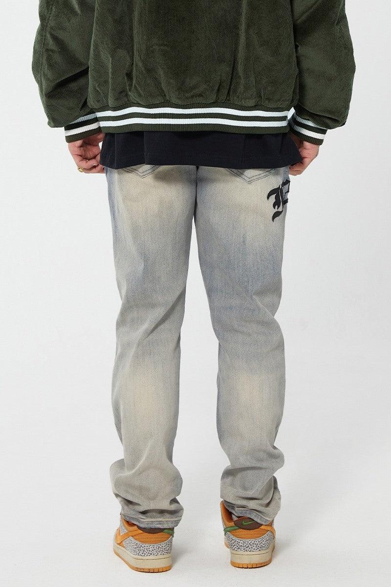 F2CE Distressed Embroidered Straight Jeans