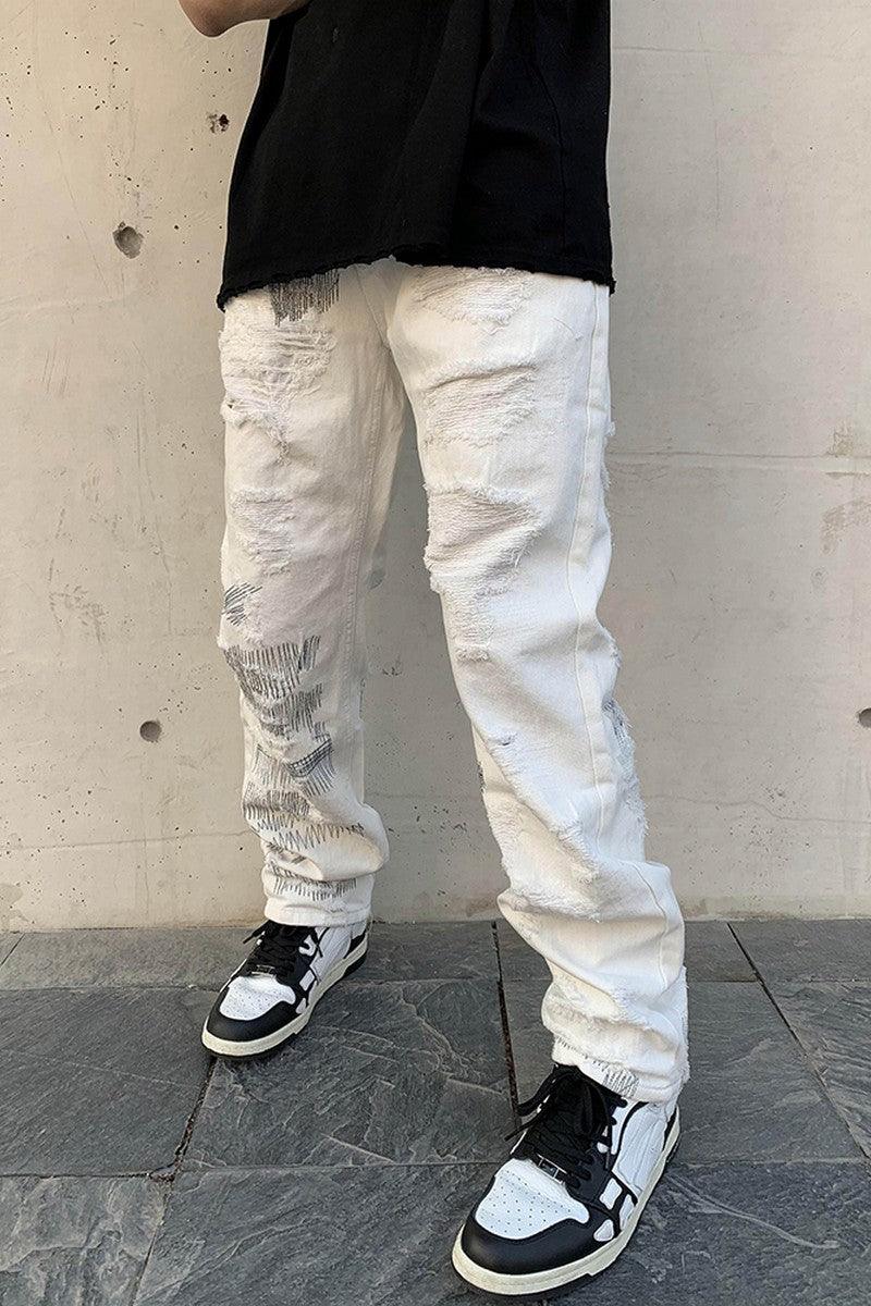 CZ Destroyed Straight White Jeans