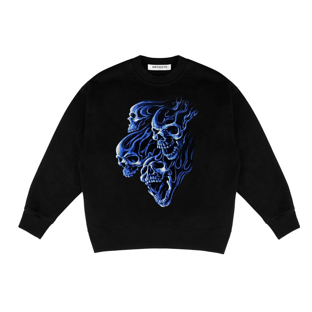 Antidote Blue Flame Skull Sweater