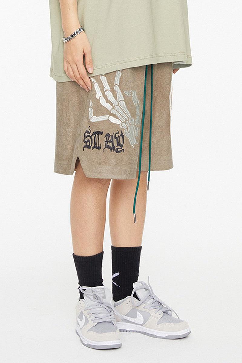 F2CE Skeleton Hands Embroidered Suede Shorts