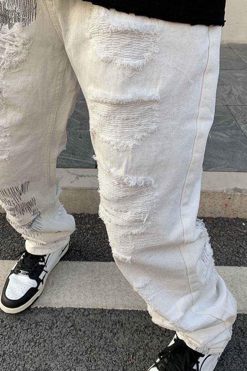 CZ Destroyed Straight White Jeans