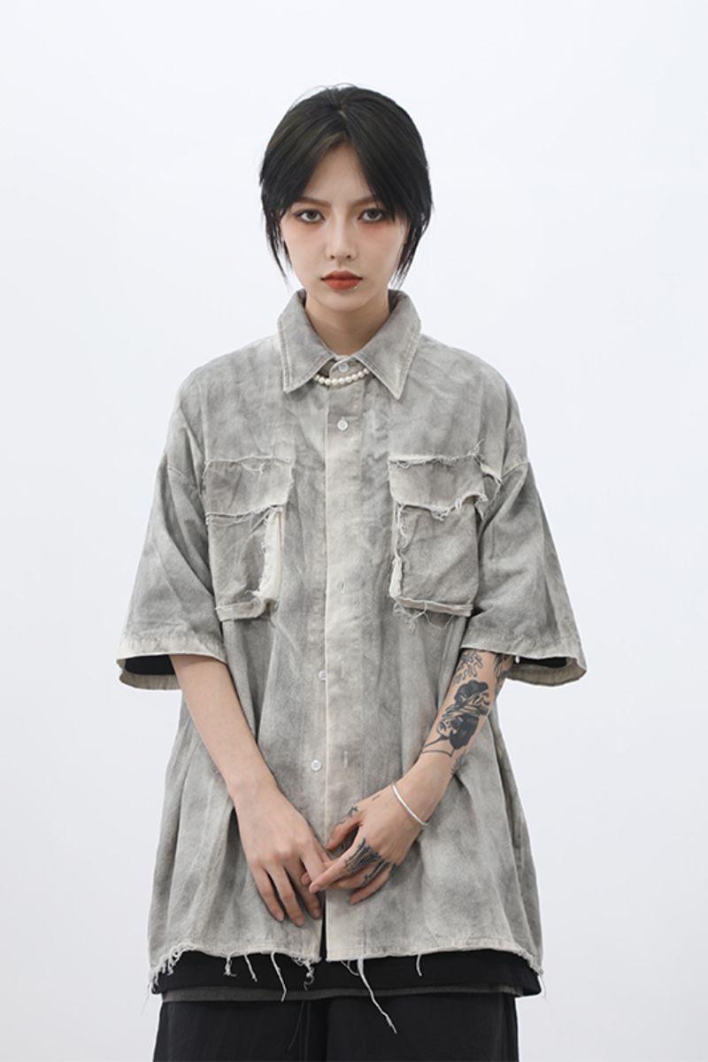 CZ Washed Ripped Button Up Shirt